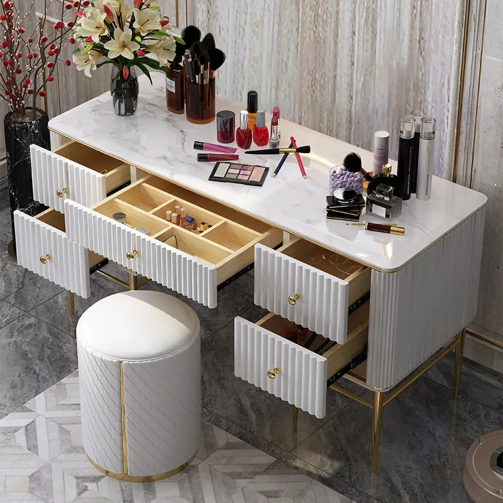 Bline White Makeup Vanity Table Marble Dressing Table with Drawers Gold Stainless Steel — image 3