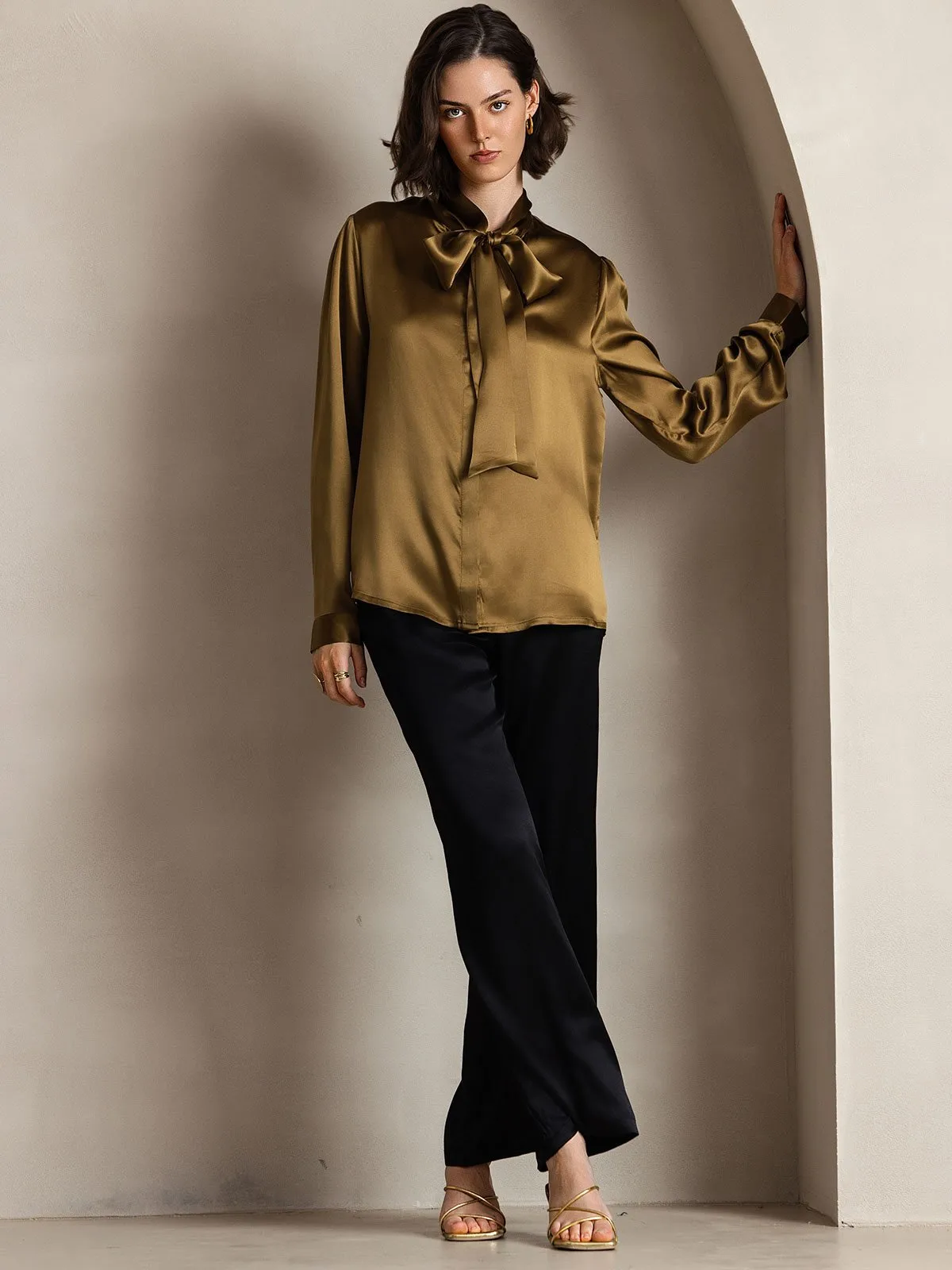Elegant 19Momme Silk Long Sleeve Tie Neck Blouse — image 5