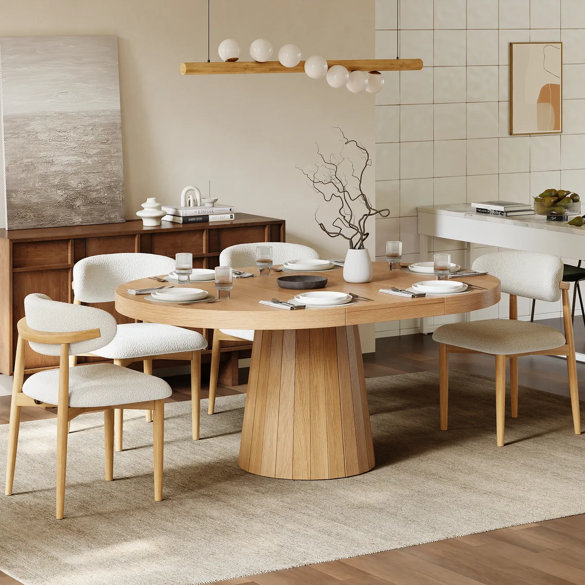 Japandi 39"-55" Extendable Dining Table for 6 White Oval&Round Table Pedestal — image 4