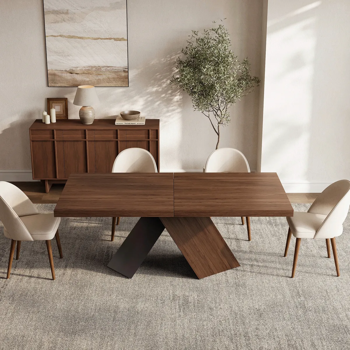 63"-79" Extendable Walnut Dining Table Modern Farmhouse Rectangle 4-6 Seater Pedestal — image 24