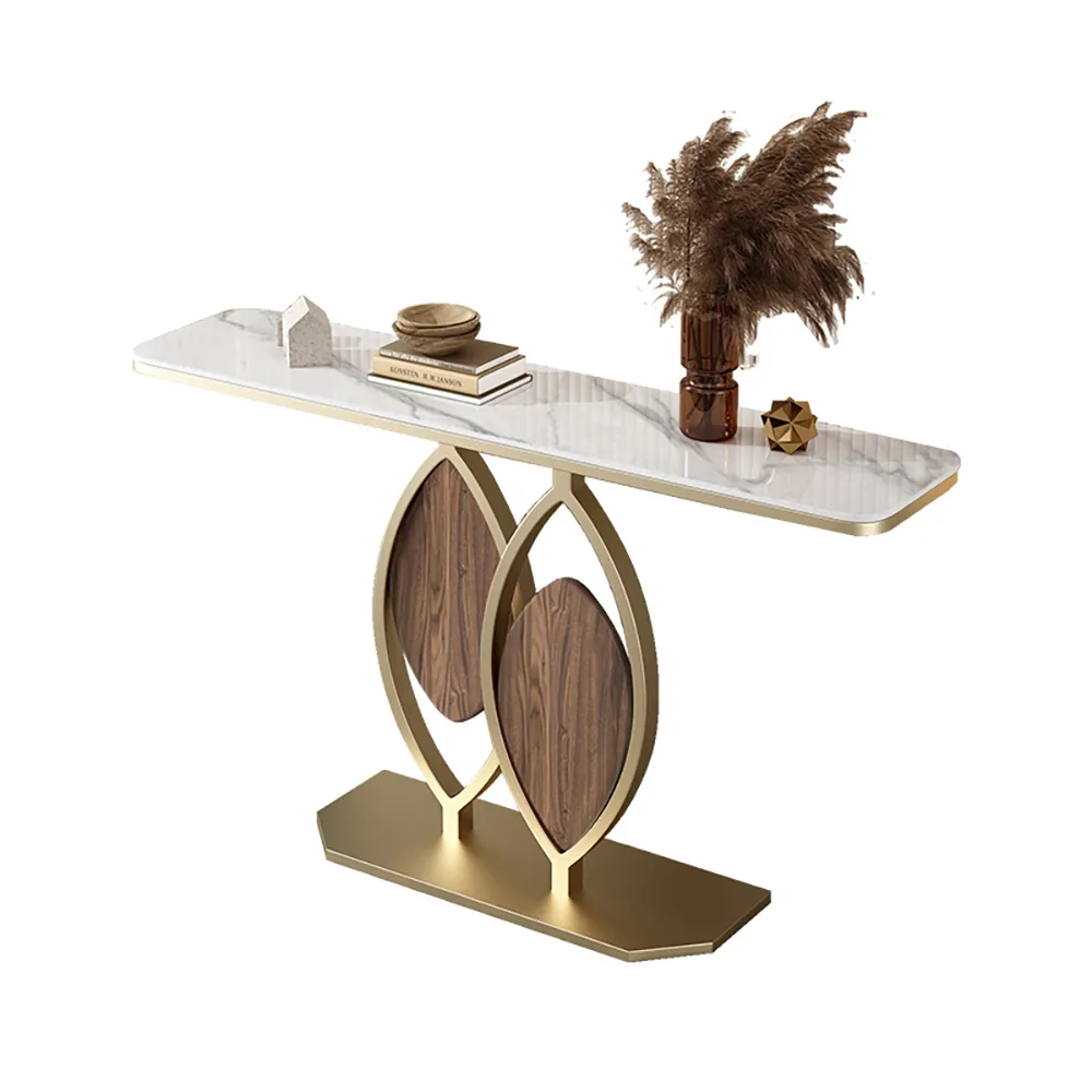 39.4" White Console Table Wooden Accent Table For Entryway with Sintered Stone Top & Abstract Base in Rose Gold & Walnut Finish — image 8