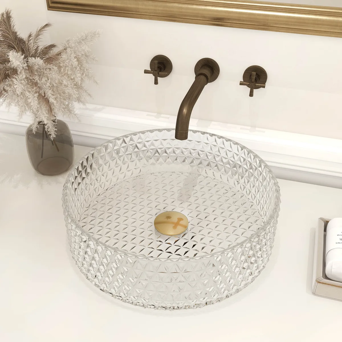 Vessel Transparent Diamond Shaped Crystal Glass Bathroom Wash Sink — image 26