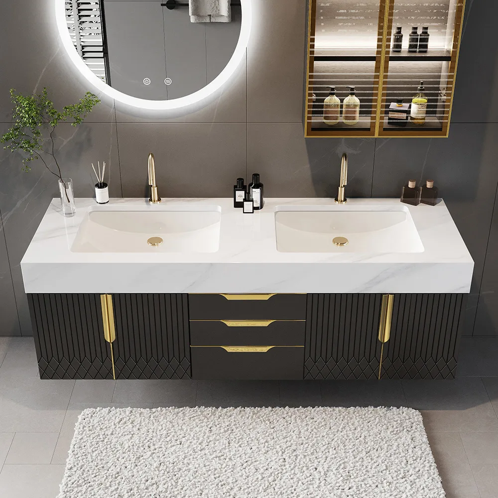 59" Wall Mounted Bathroom Vanity Faux Marble Top with Double Sink — image 21