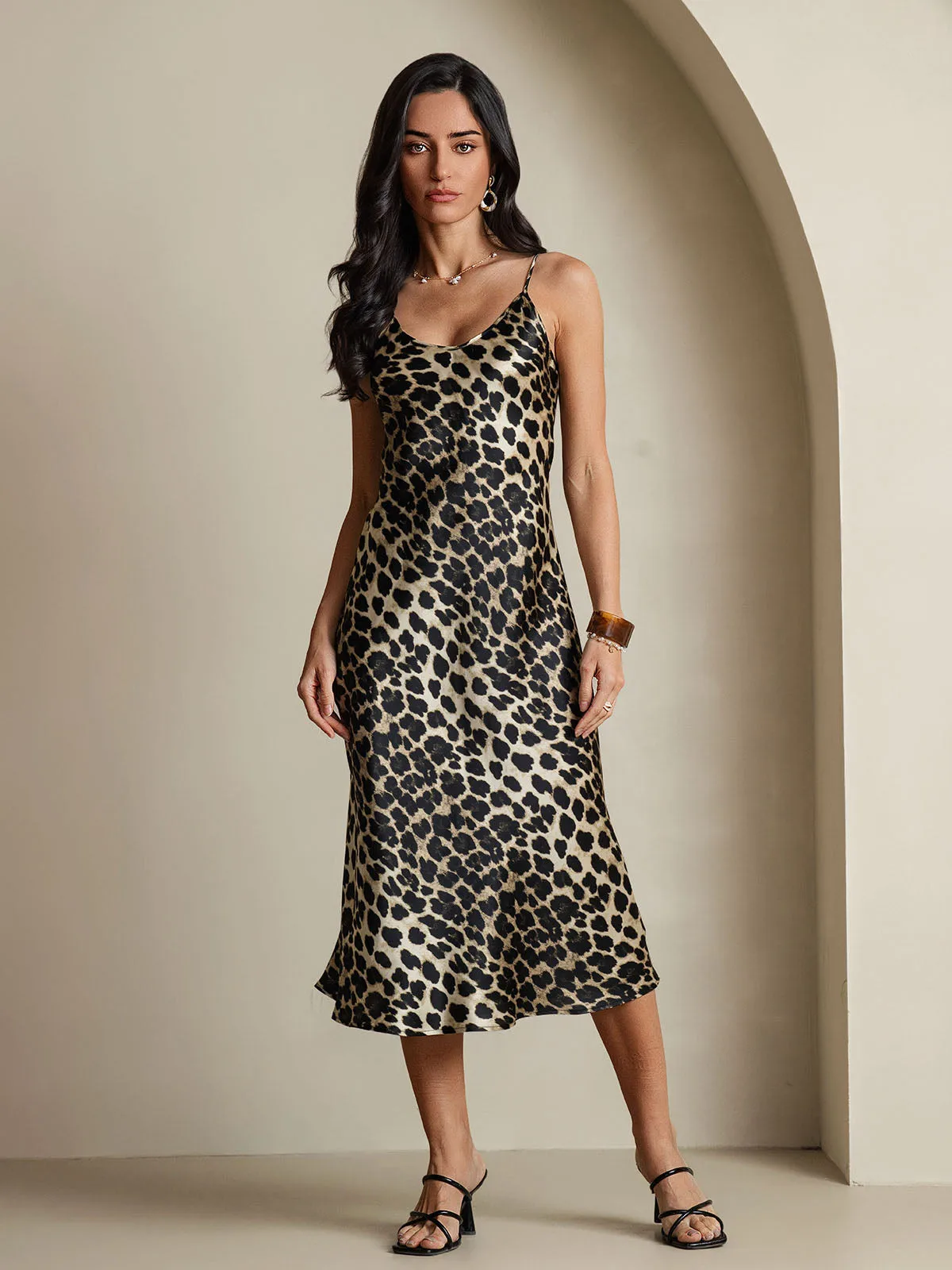 100% Mulberry Silk Leopard Print Spaghetti Strap V Neck Midi Dress