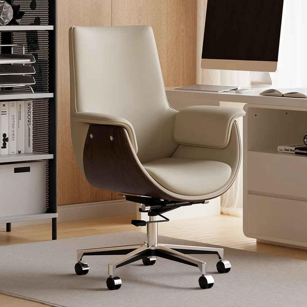 White Double Desk with Drawers & 2 Ivory PU Leather Modern Home Office Chairs — image 15