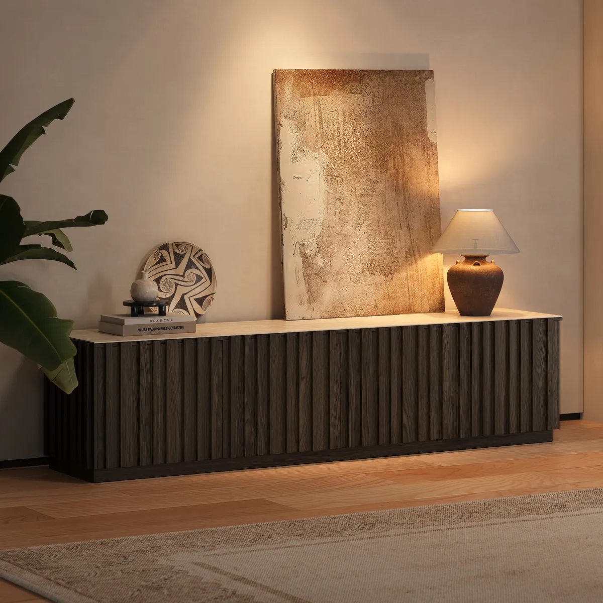 Aura 83" Ash Wood Fluted Smoked Brown TV Stand with Sintered Stone Top — image 2