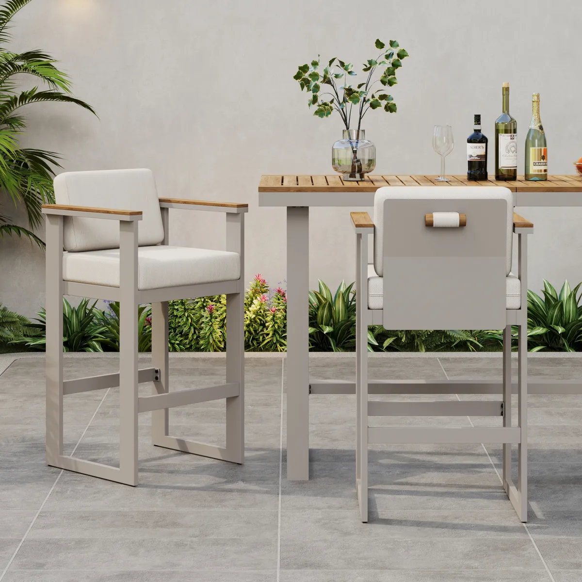 Tevara Outdoor Aluminum Frame & Teak Wood Armrest Bar Stools — image 14