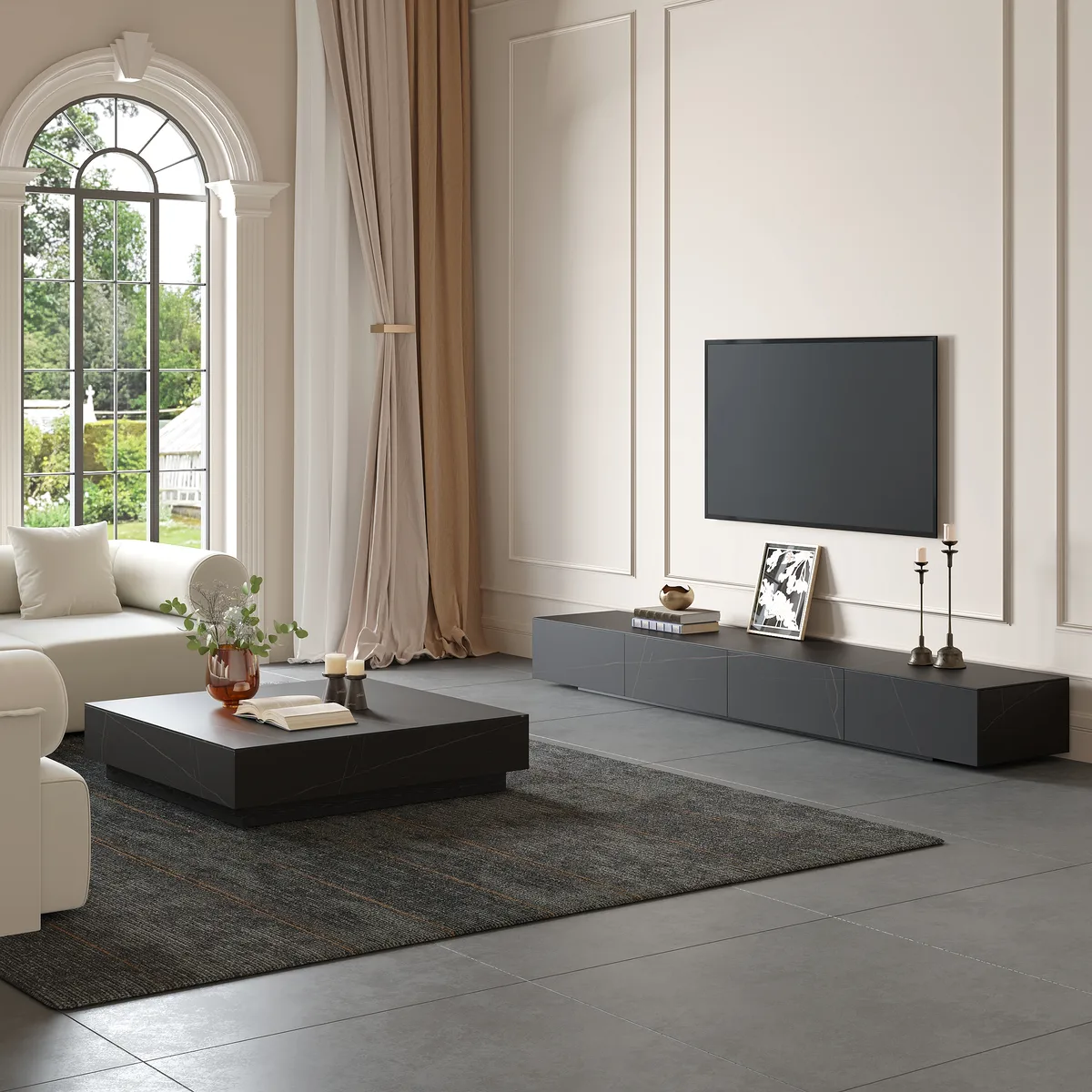 87" Black TV Stand Faux Marble with Storage for TVs Up — image 5
