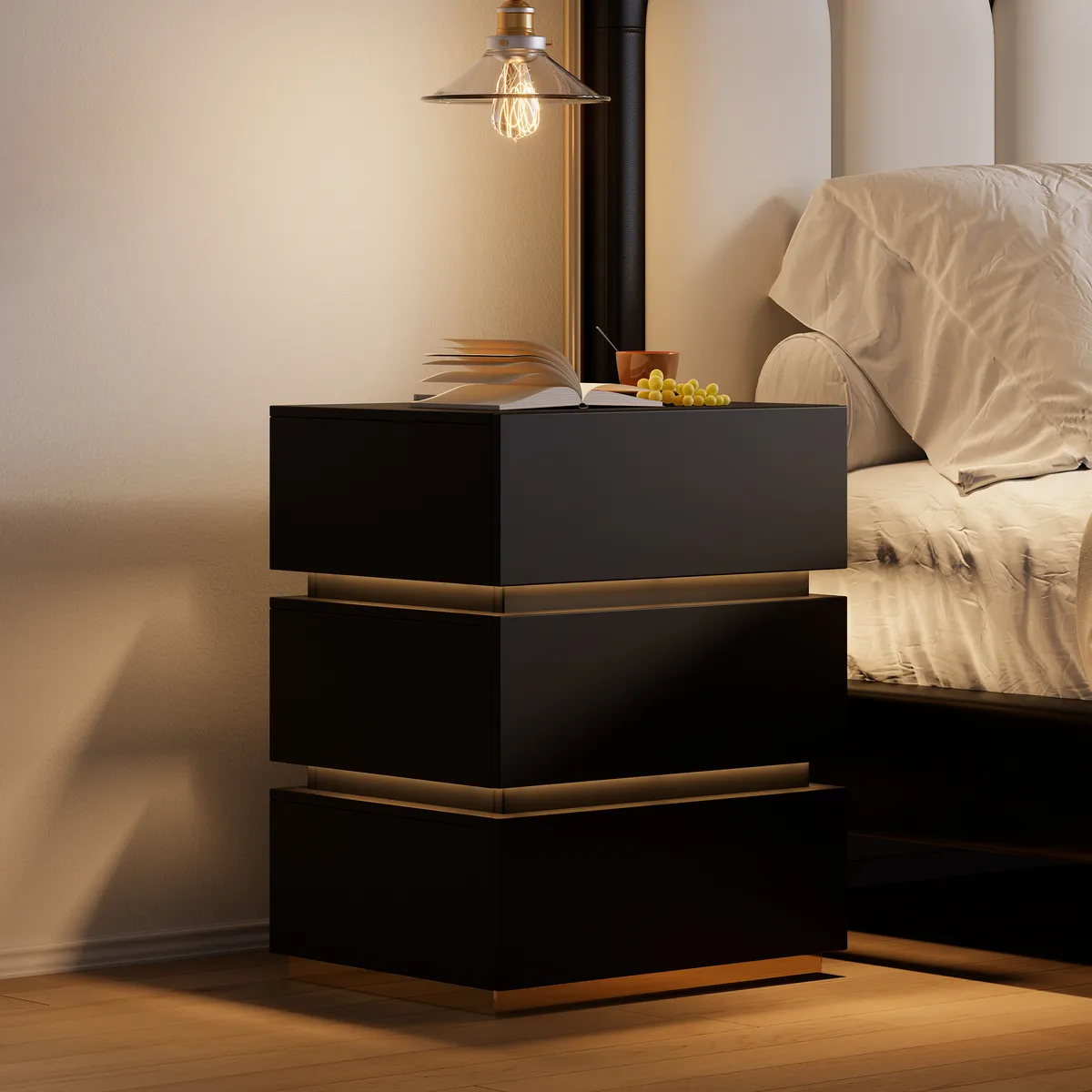 Smart 3-Drawer Nightstand with Charging Station Bedside Table with Light — image 2