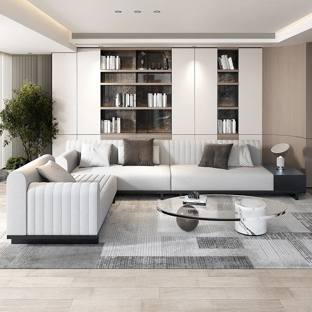 157" Cotton and Linen L-Shaped Sectional Sofa Modern Light Gray Sectional with Storage Side Table — image 2