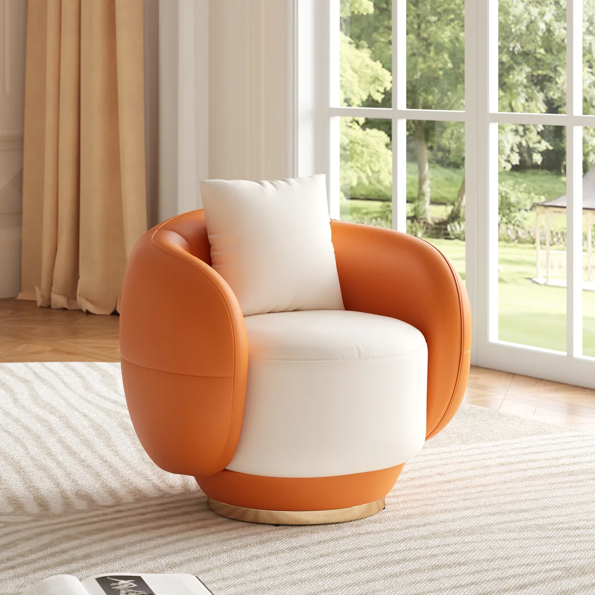 Swivel Barrel Accent Chair Faux Leather Armchair for Living Room in Warm White (35" Wide)