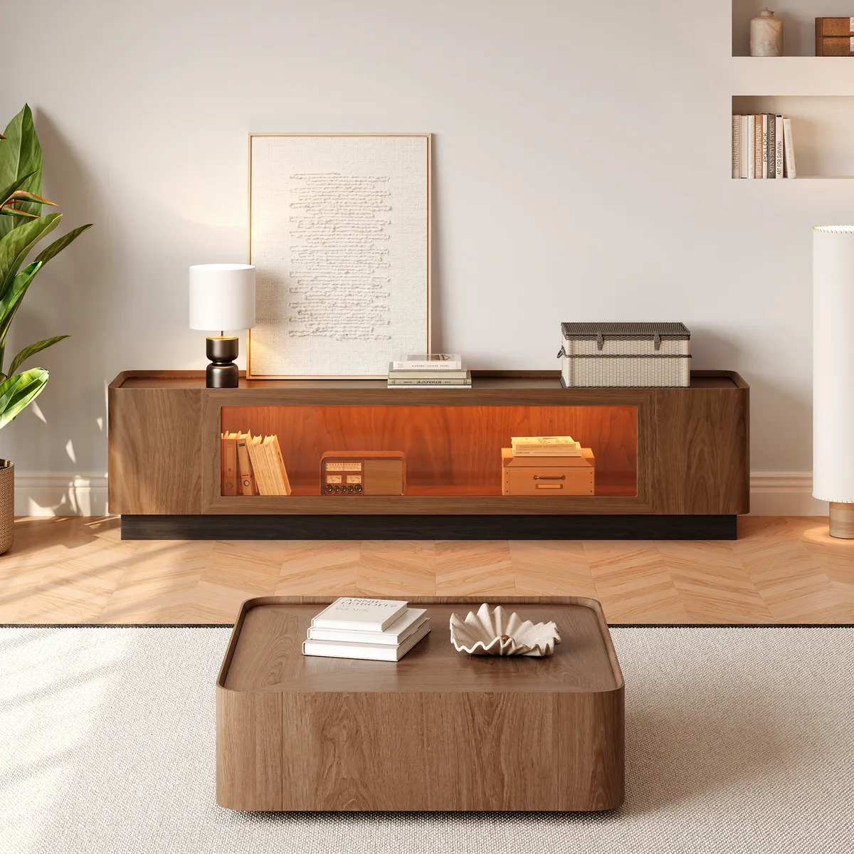 79'' Glass Door TV Stand Mid Century Modern Wood Media Console with Storage & LED — image 25
