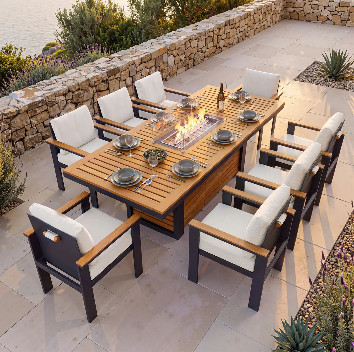 Tevara 7 Pieces Outdoor Dining Set with Propane Fire Pit Table & Aluminum Armchair — image 11