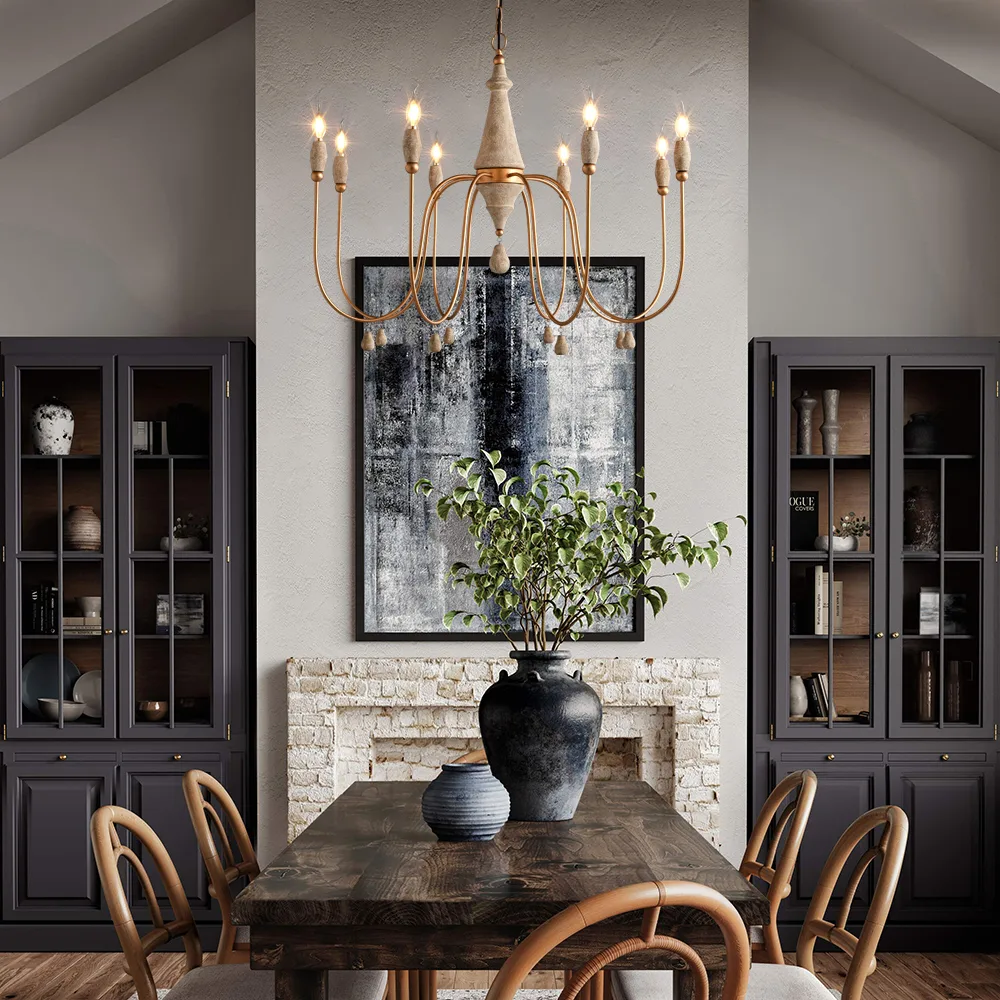 Mid-Century 8-Light Candle-Style Chandelier with Gold Ovated Wood Farmhouse Modern Pendant Light — image 2