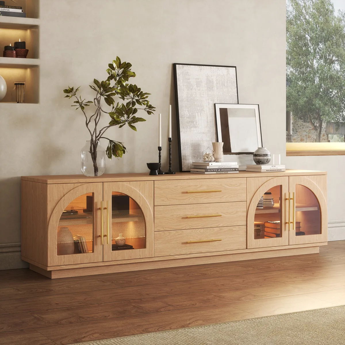 Arune 72" Japandi Whitewash TV Stand Coffee Table Set with LED Lights and Arched Glass Cabinet Doors — image 23