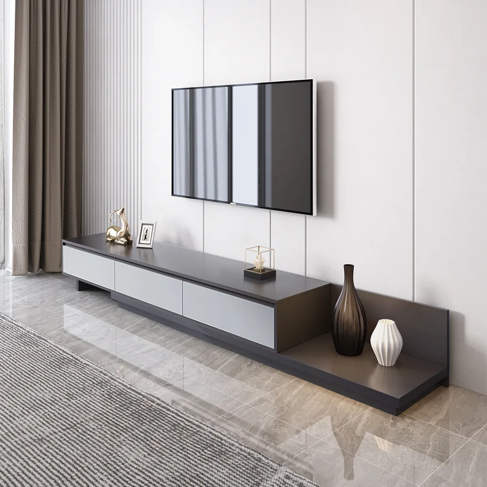 Living Room Cabinet Set Rectangle Gray Extendable TV Stand & Wood Round Nesting Coffee Table — image 7