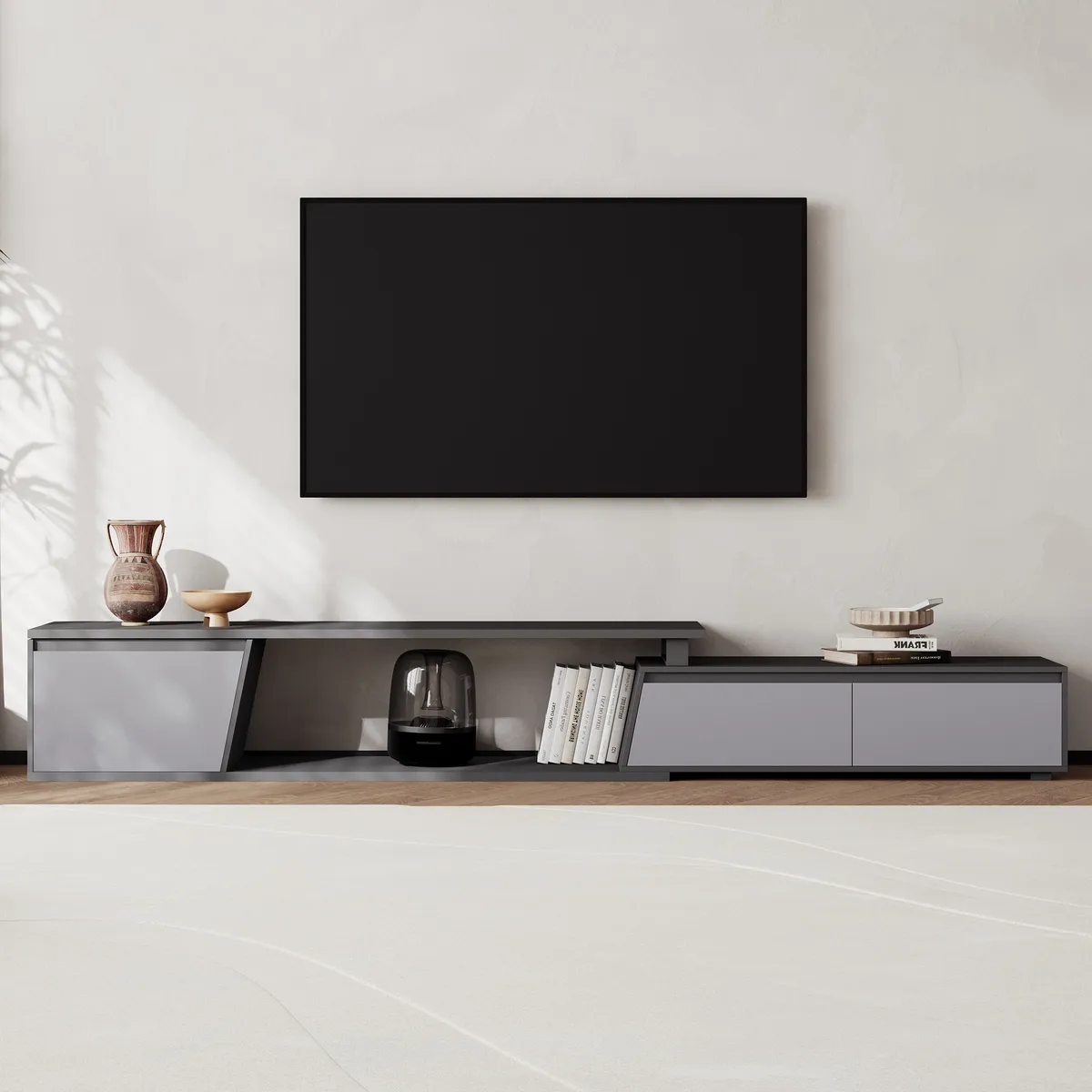 Fero Minimalist Rectangle Gray Extendable TV Stand with 3 Drawers Up — image 11