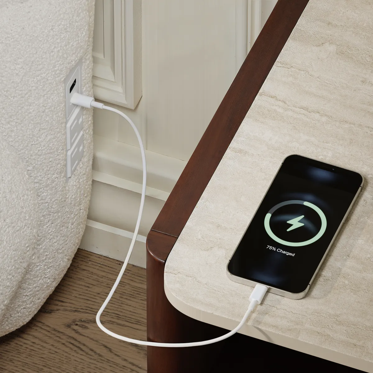 Modern Boucle Upholstered Bed with Charging Station & Fluted Base — image 12