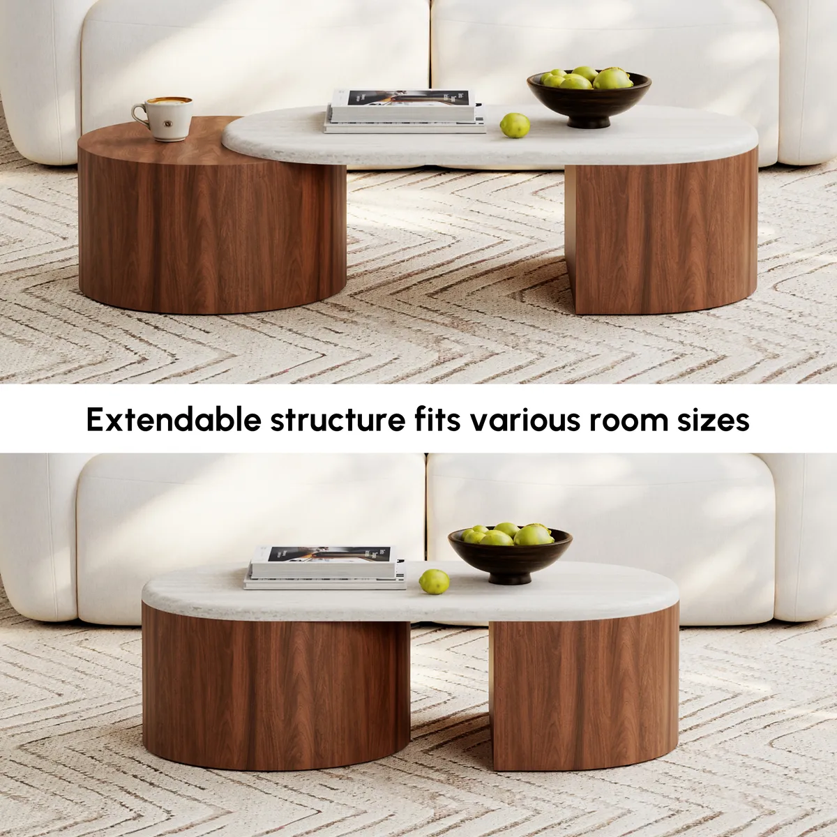 47"-60" Extendable Walnut Coffee Table with Travertine Veneer Top — image 6