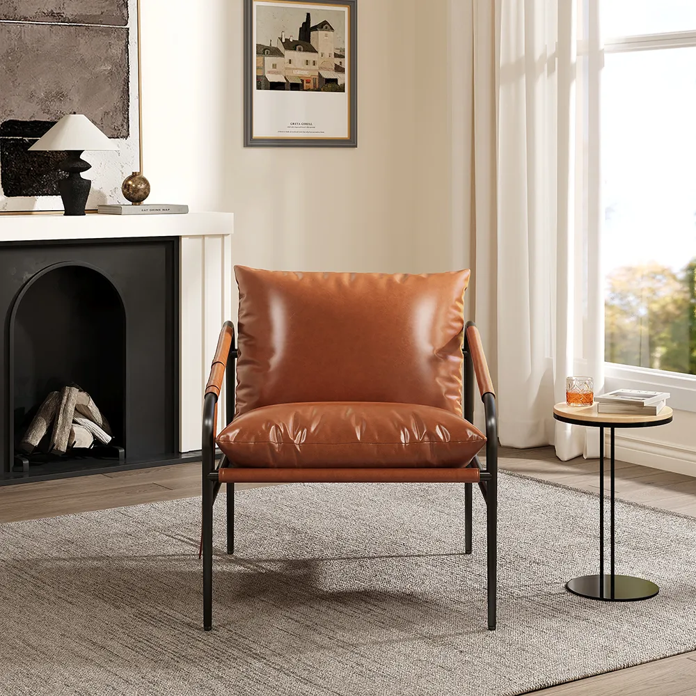 Mid-Century PU Leather Accent Chair Armchair with Metal Leg in Black & — image 3