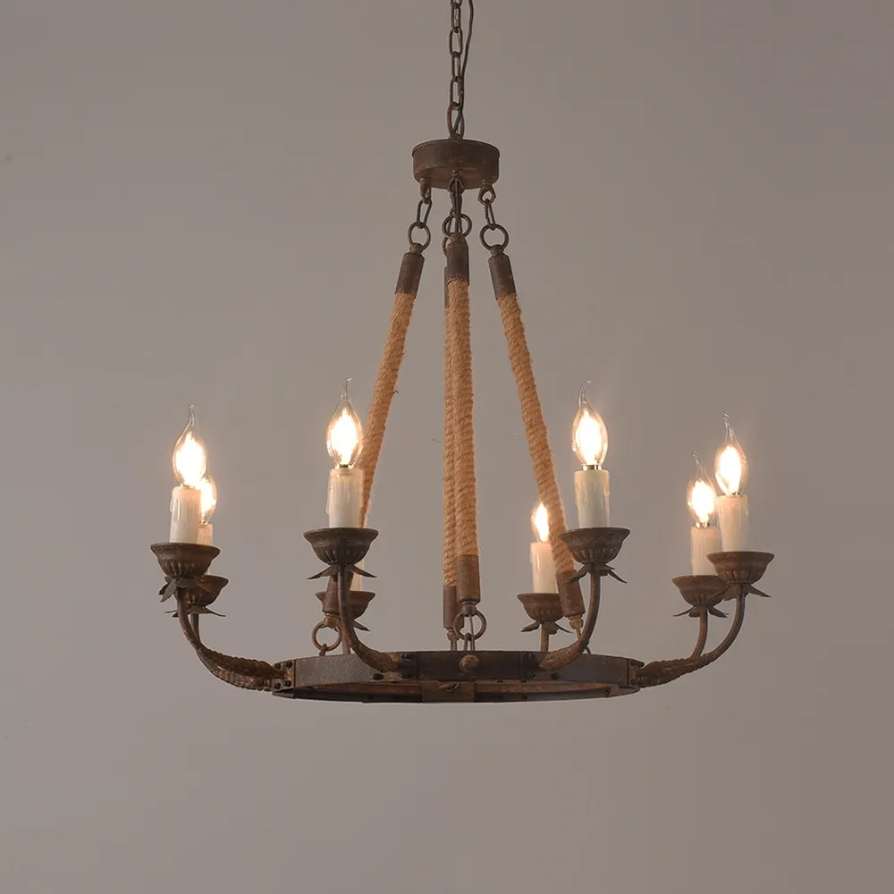 Bever Vintage 12-Light Candelabra Wagon Wheel Chandelier with Flaxen Hemp Rope