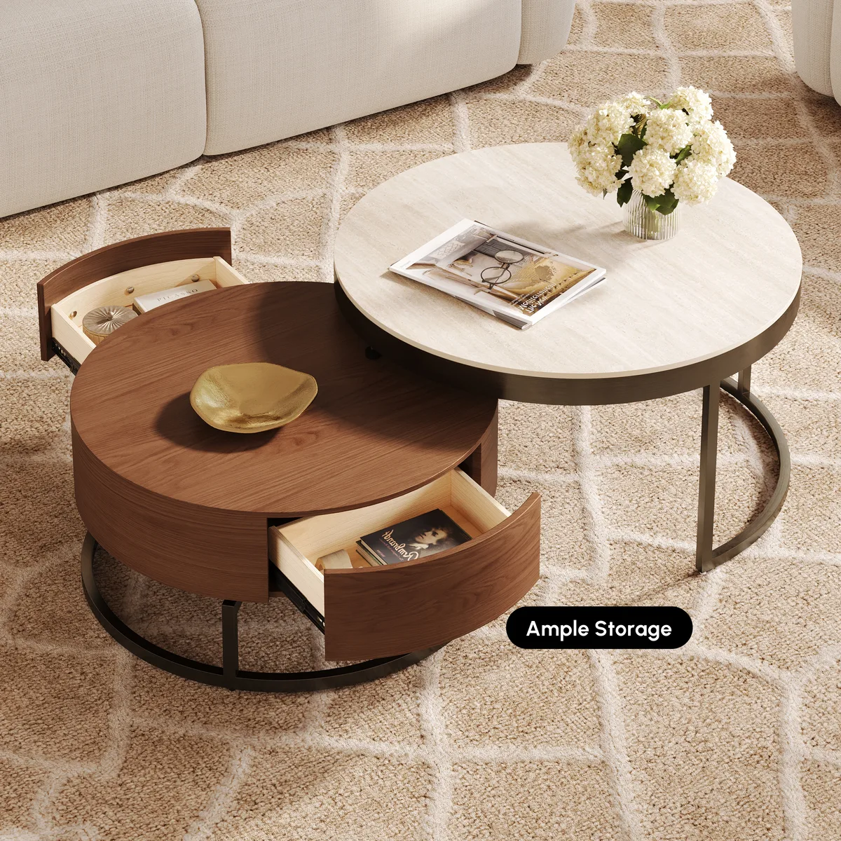 Nesnesis 28"-32" Round Nesting Walnut Coffee Table Set with Sintered Stone Top — image 9