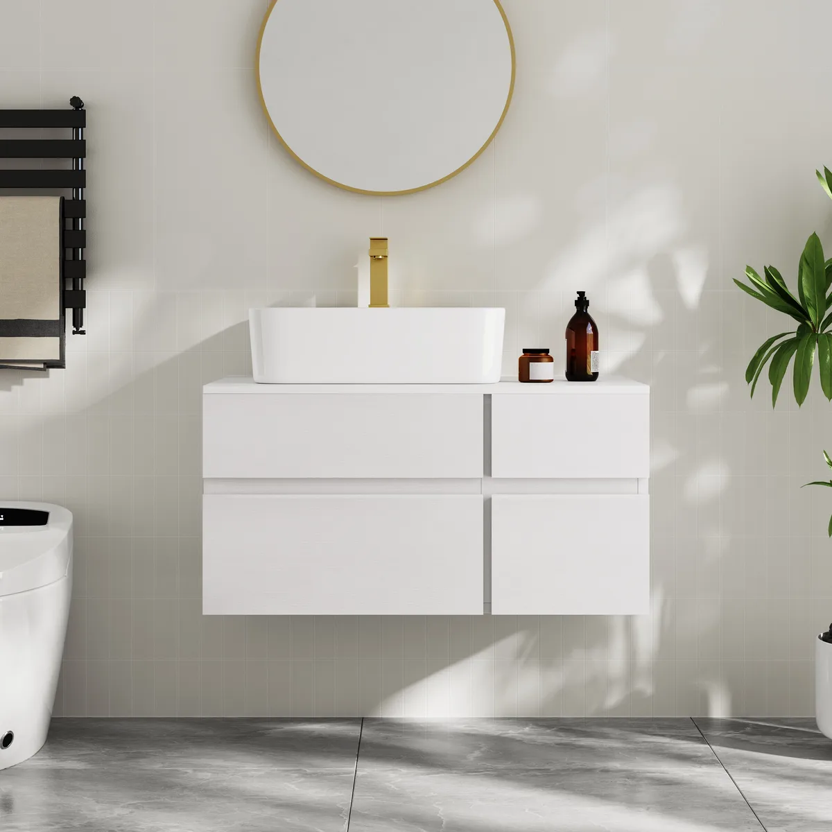31.5" Walnut Floating Bathroom Vanity Left Offset Ceramic Vessel Sink — image 11