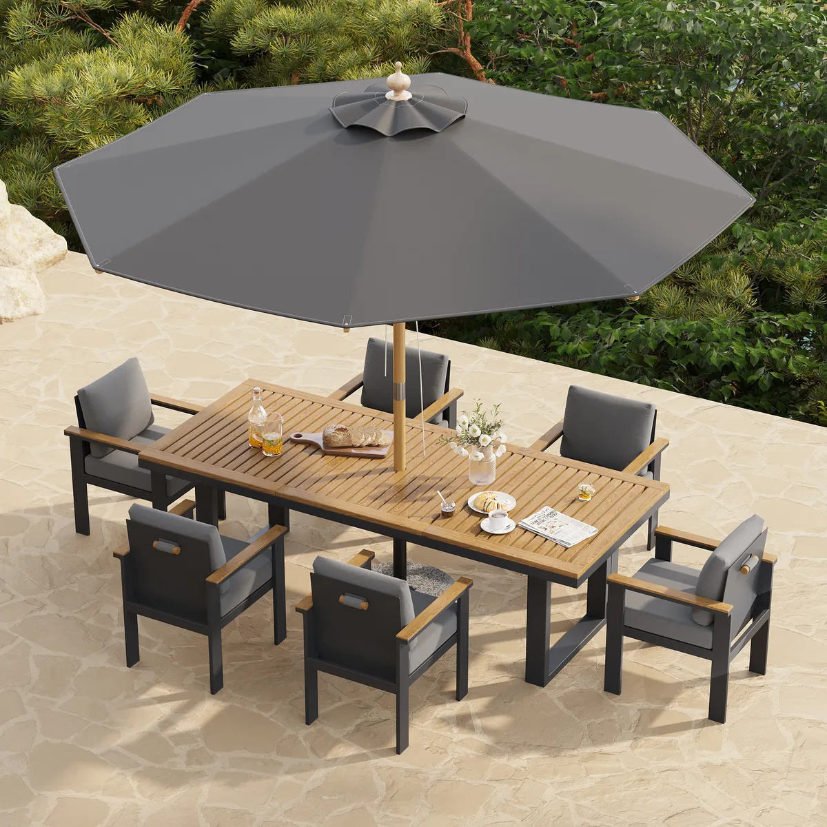 Tevara 10 ft. Patio Center Pole Umbrella with Marble Stand Outdoor Sun Umbrella for Pool / Beach — image 5