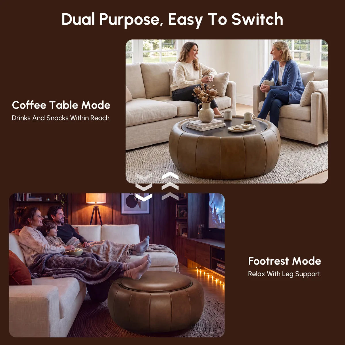 Modern 39" Round Performance Leather Ottoman Coffee Table with Hidden Storage — image 25