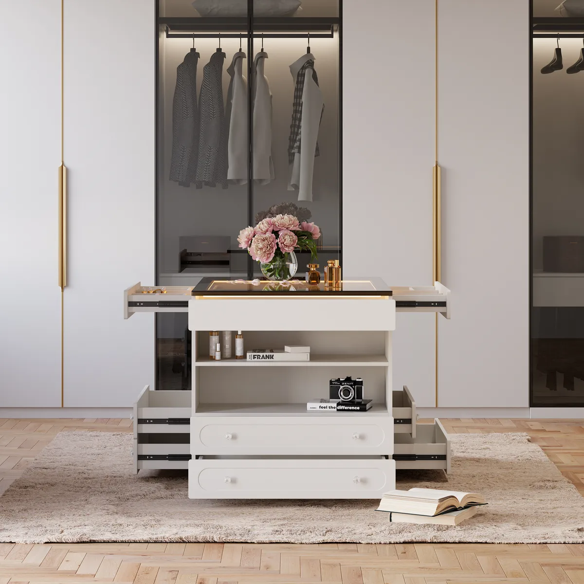 Modern Dresser Width of 47" with Jewelry Storage Walk in Closet Island with LED Light — image 6