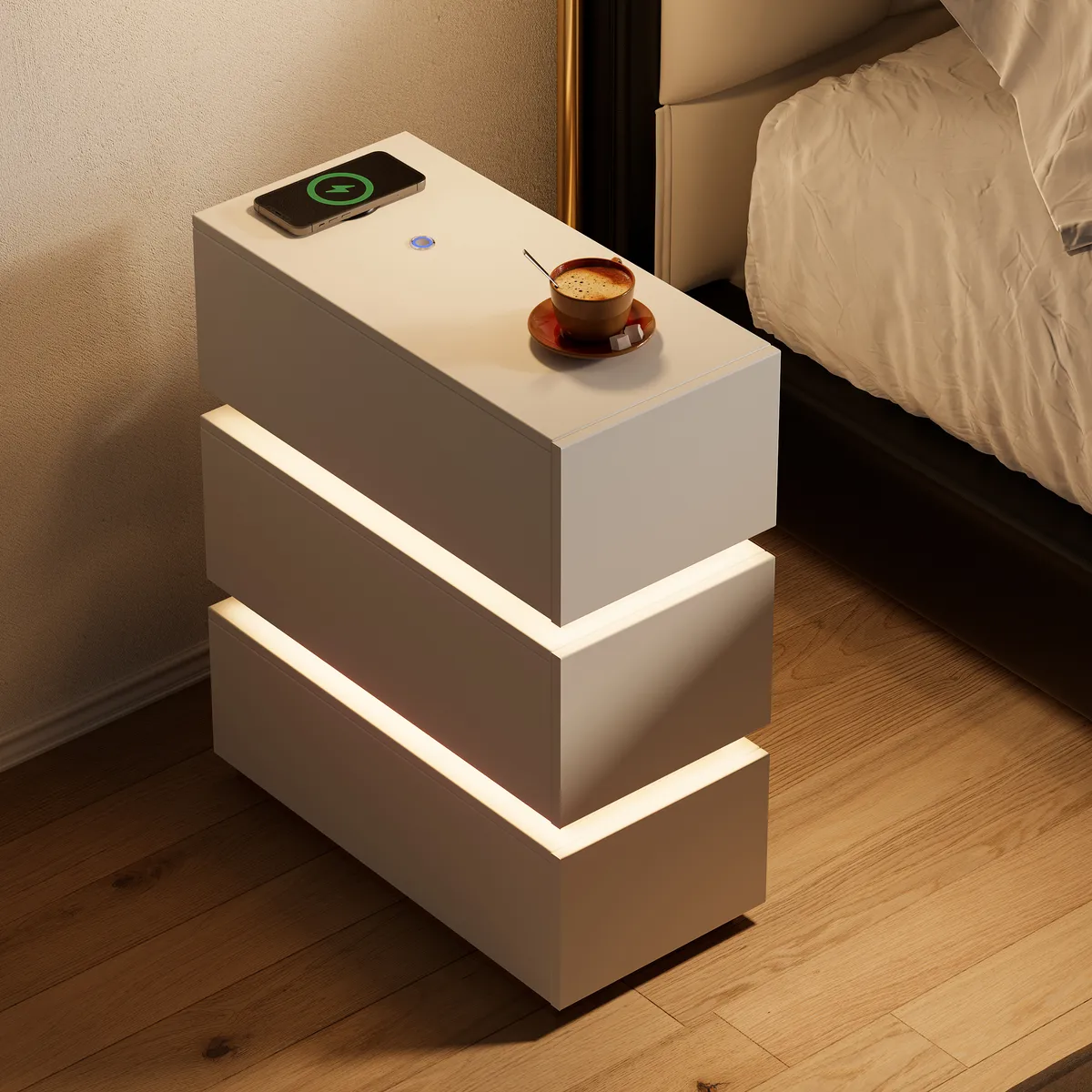 Narrow Smart 3-Drawer Nightstand with Charging Station Bedside Table with Light