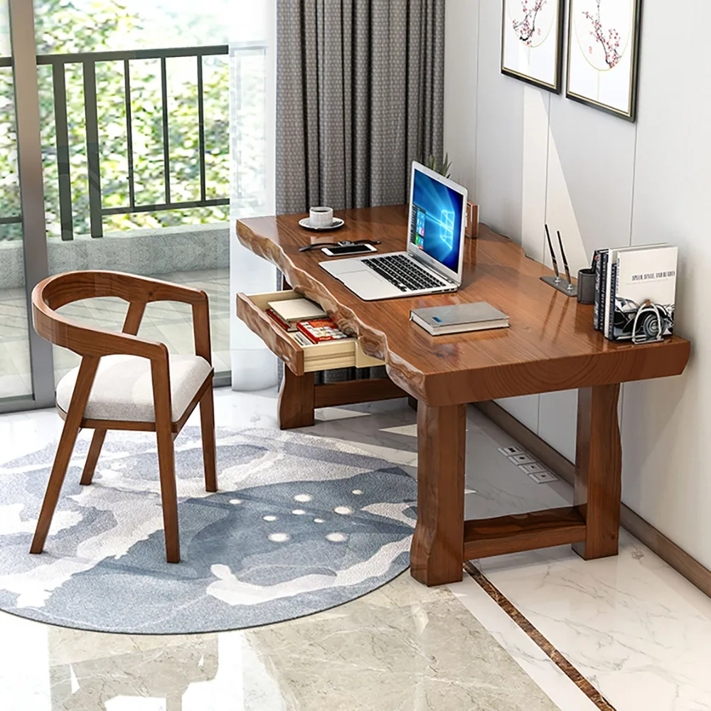 59.1" Modern Walnut Home Office Desk with Drawer Storage Rubberwood Desk — image 2