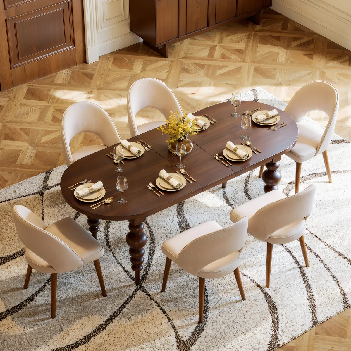 67"-79" Mid-Century Dining Table Oval Extendable Walnut Table for 4-8 Person with Turned Legs — image 12