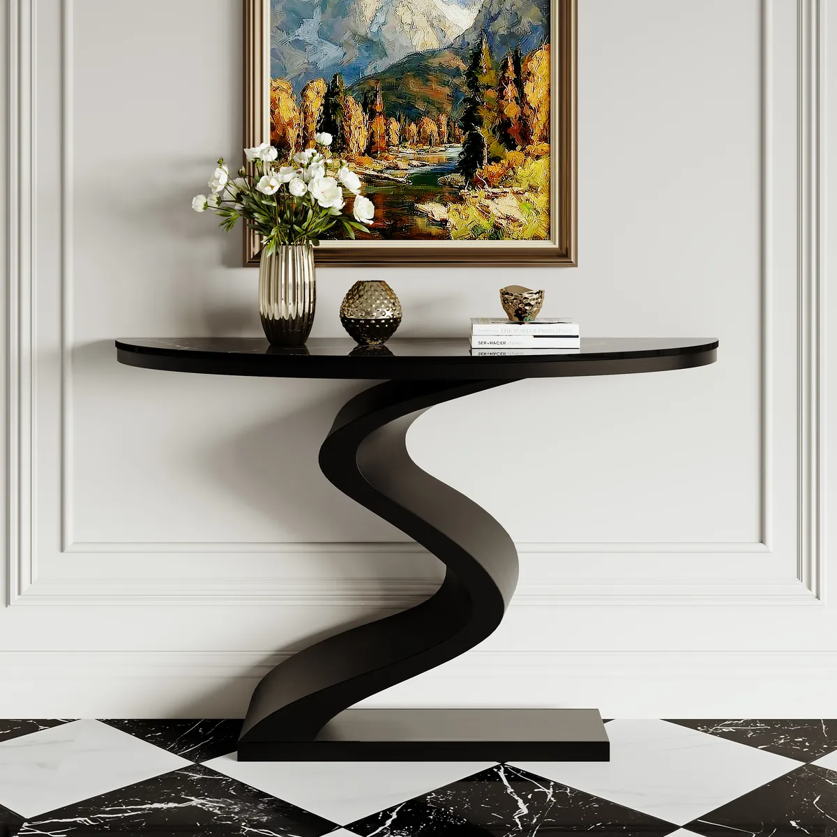Curved Console Table with Sintered Stone Top Half Moon Shape Entryway Furniture — image 5
