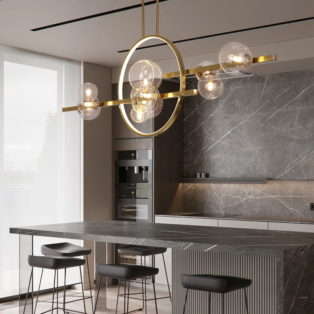 Bubi 10-Light Gold Modern Kitchen Island Light for Dining Room with Glass Globe Shade — image 4