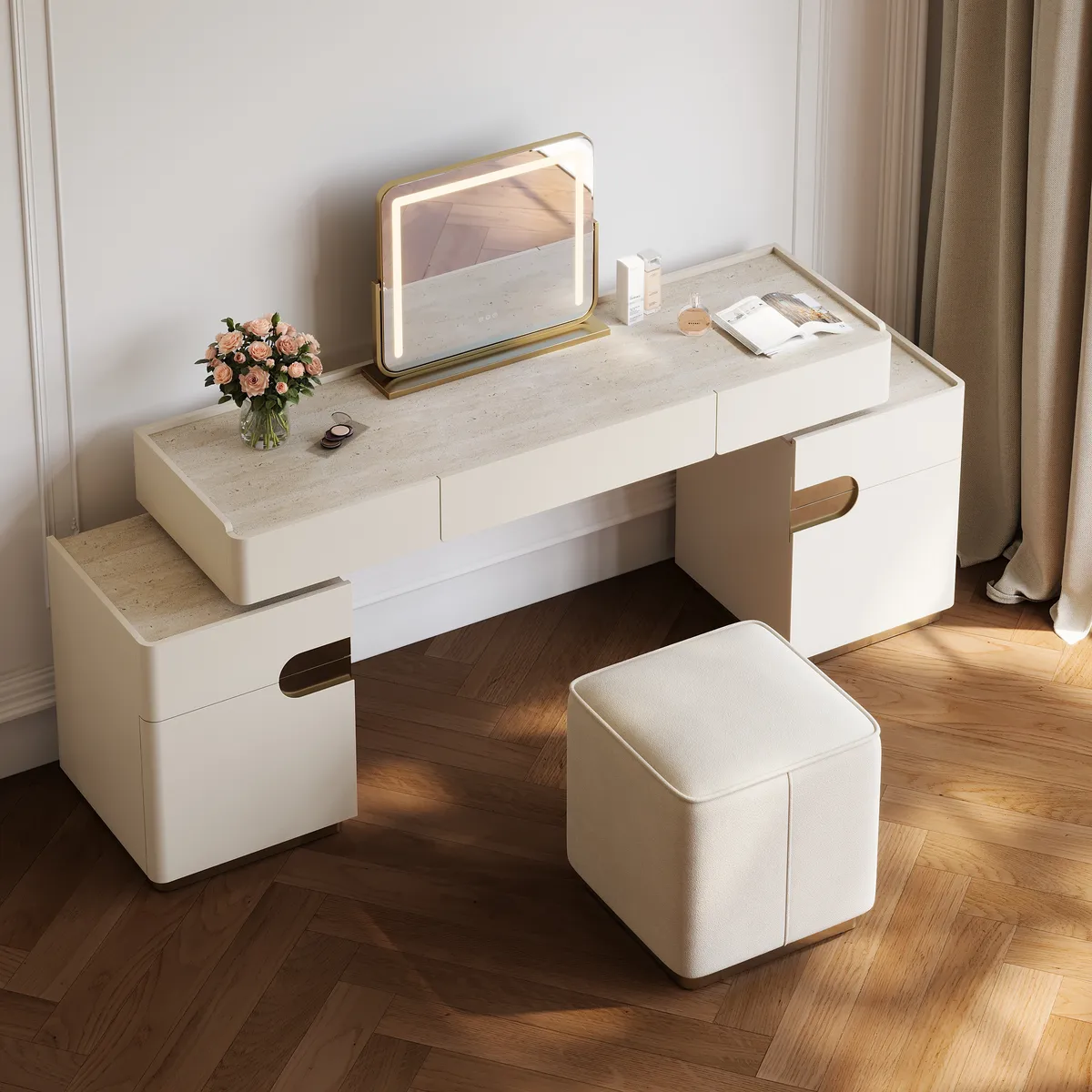 Horva Extendable Walnut Makeup Vanity Set (57"–73")