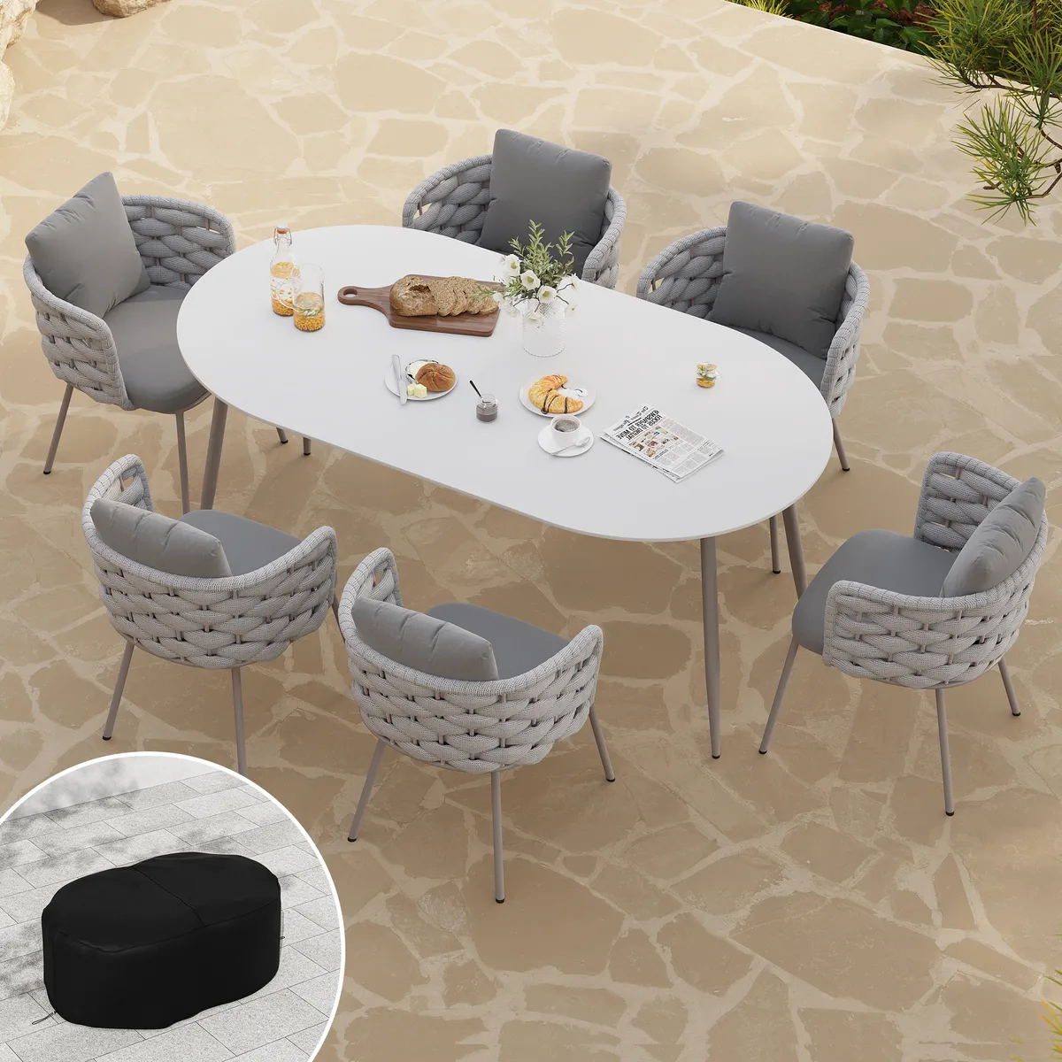 7 PCS 70.9'' Outdoor Sintered St Top Dining Table Set with 6 Rope Woven Armchairs Modern Yard & Patio Dining Furniture Set for 6 Person with Armchairs — image 4