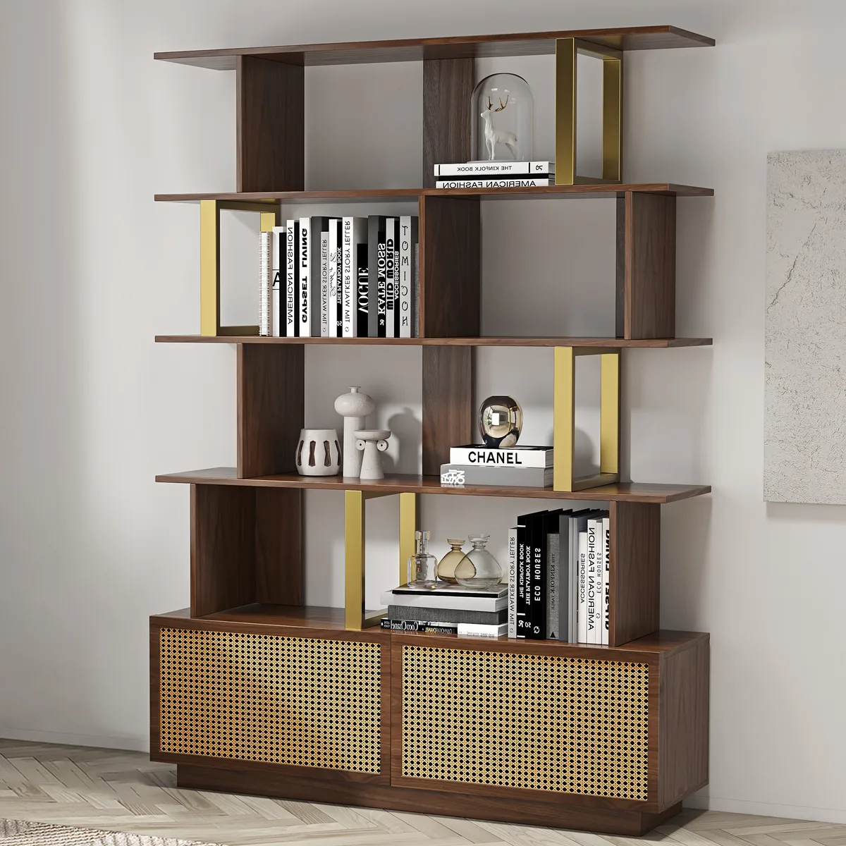 5-Tier Black Wood Bookshelf with 2 Doors Modern Bookcase in Gold Finish — image 21
