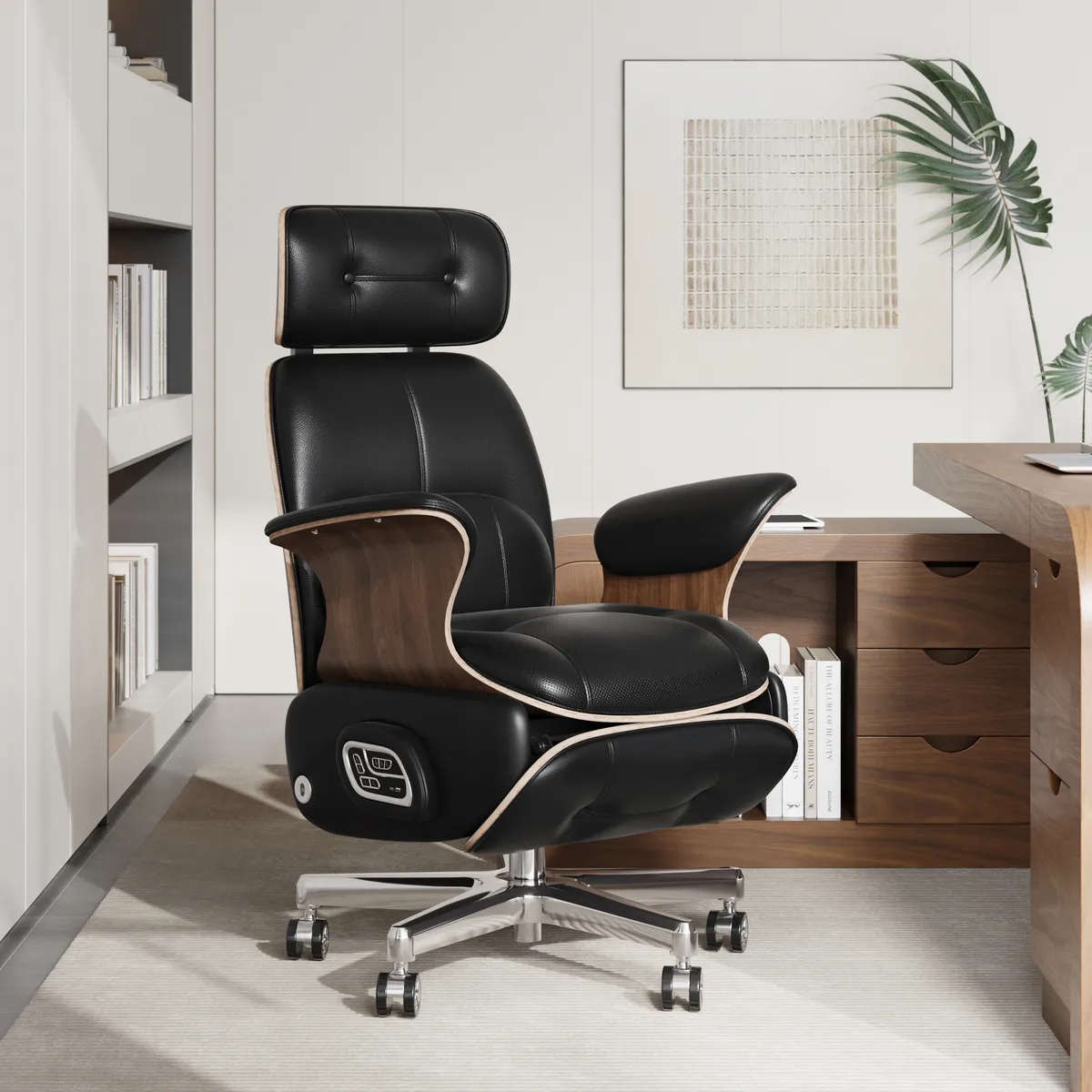 Black Genuine Leather Power Reclining Executive Office Chair Swivel Office Desk Chair
