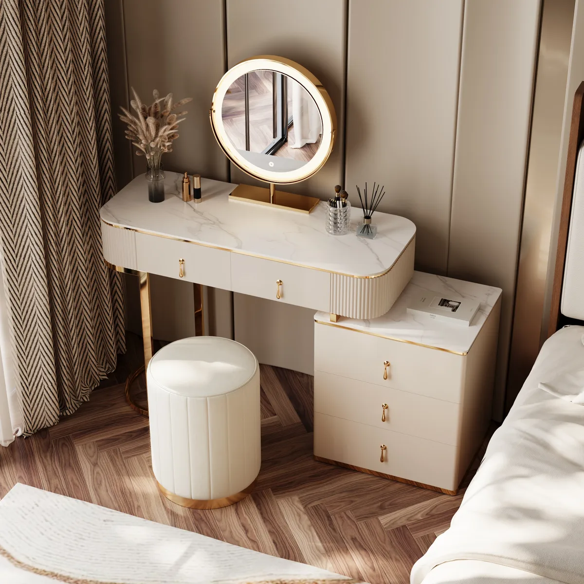 Nordic Makeup Vanity Extendable with 5-Drawer Dressing Table with Stone Top in Champagne — image 3