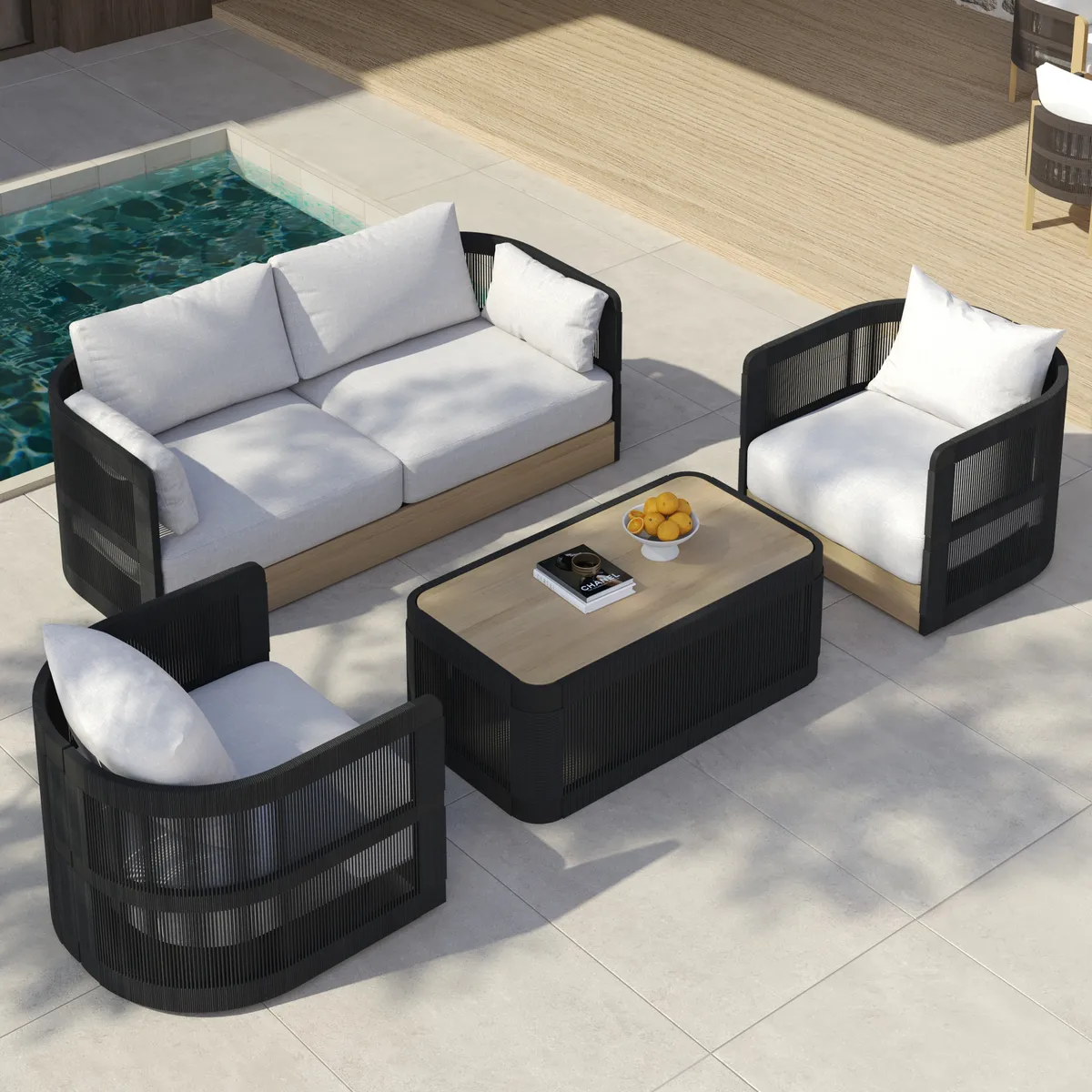 Costra Modern Aluminum & Rope Outdoor Swivel Sofa Set with Coffee Table & Cover — image 2