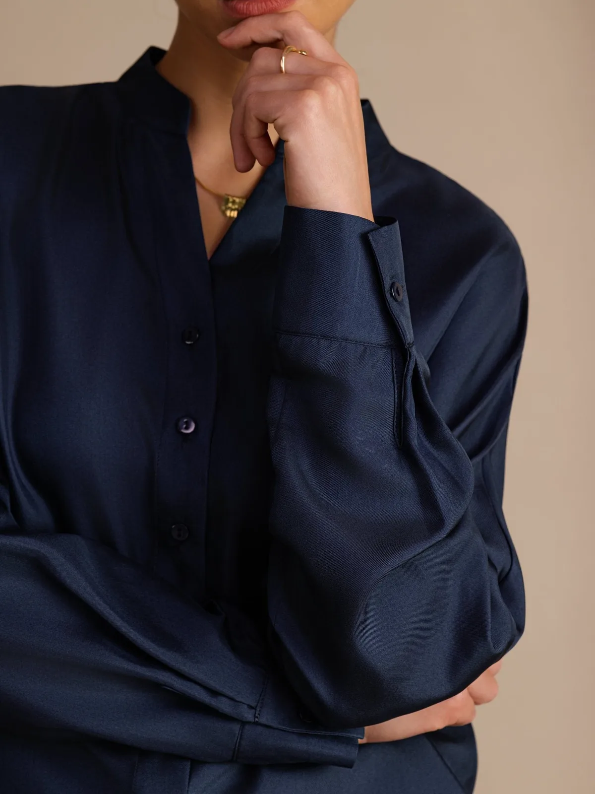 100% Mulberry Silk Women’s Split Neck Long Sleeve Blouse With Drawstring — image 5