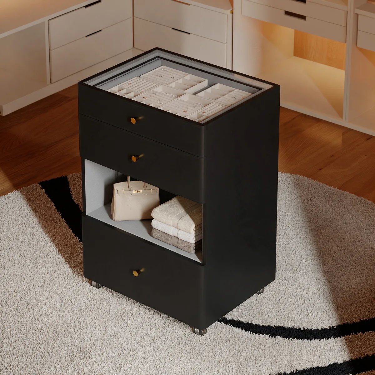 Walk-In Closet Island Jewelry Dresser with Glass Top & Light — image 4