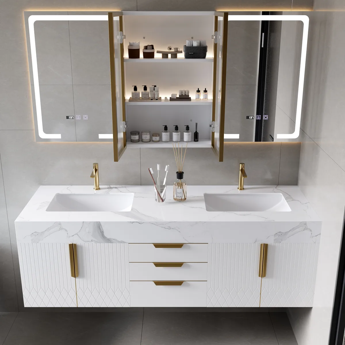 59" Double Sink Floating Vanity Set with LED Medicine Cabinet with Storage — image 2