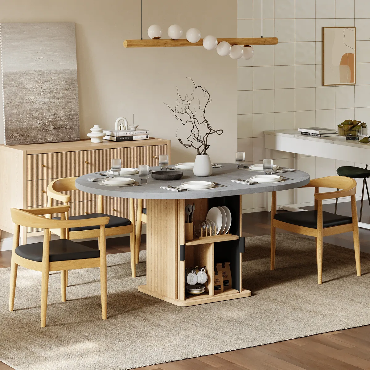 47"-63" Gray Extendable Dining Table Modern for 6 with Fluted Base & Storage — image 3