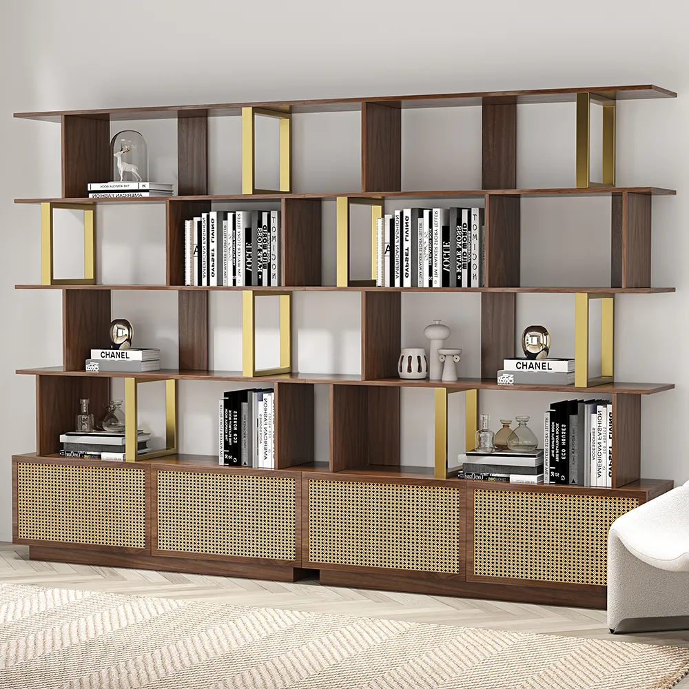 5-Tier Black Wood Bookshelf with 2 Doors Modern Bookcase in Gold Finish — image 25