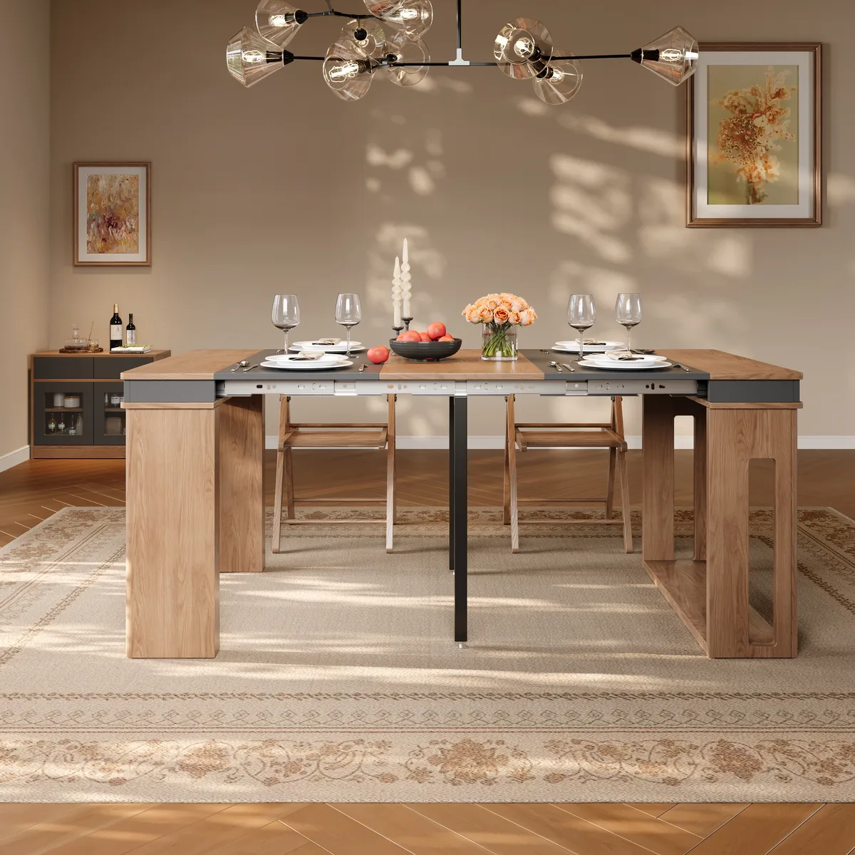 70.9" Rectangle Extendable Dining Table with Storage Sideboard for 4 Farmhouse Walnut & Gray Expandable Table — image 9