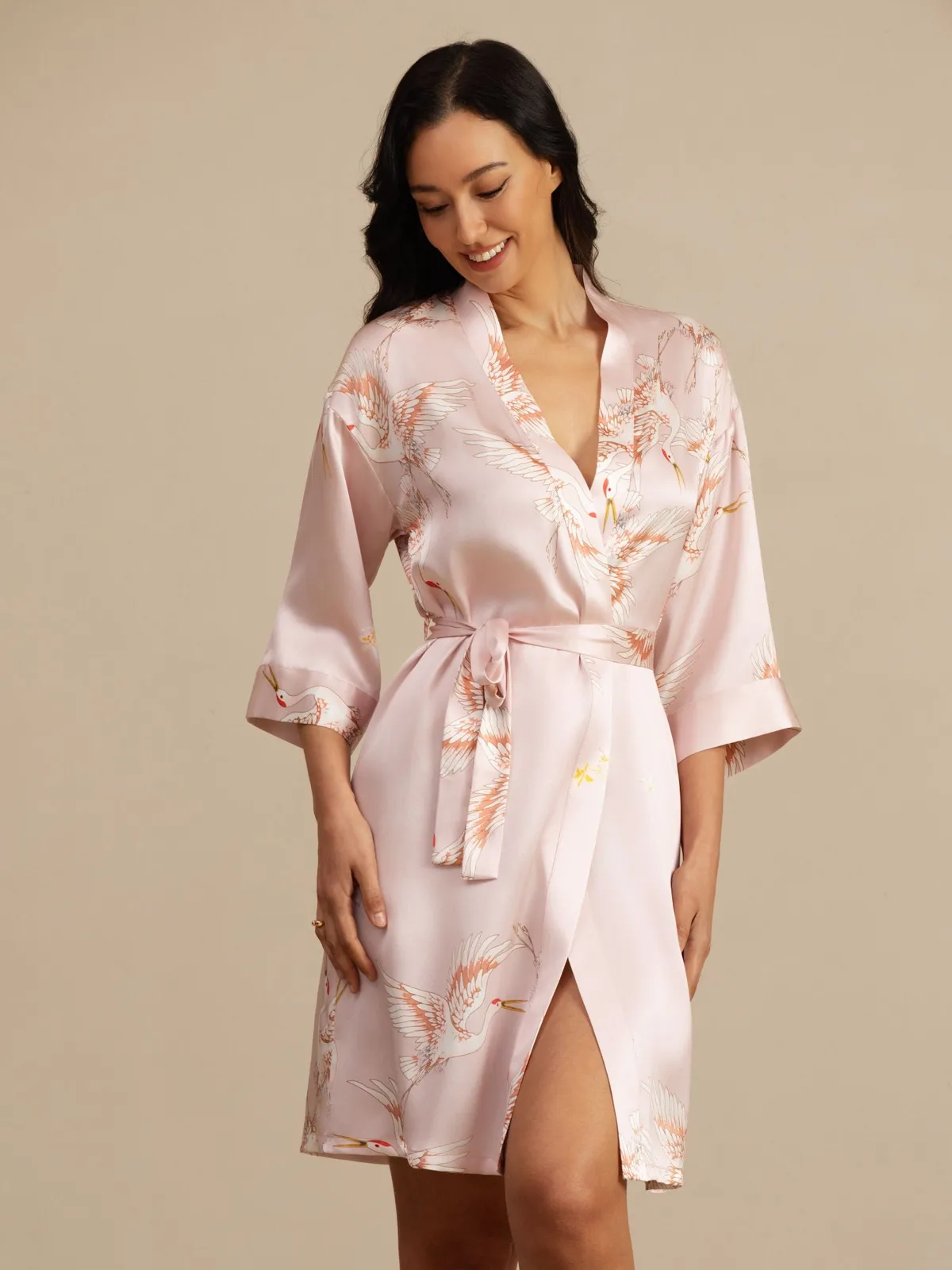 19Momme 100% Mulberry Silk Crane Print Belted Wrap Women's Kimono Robe — image 4