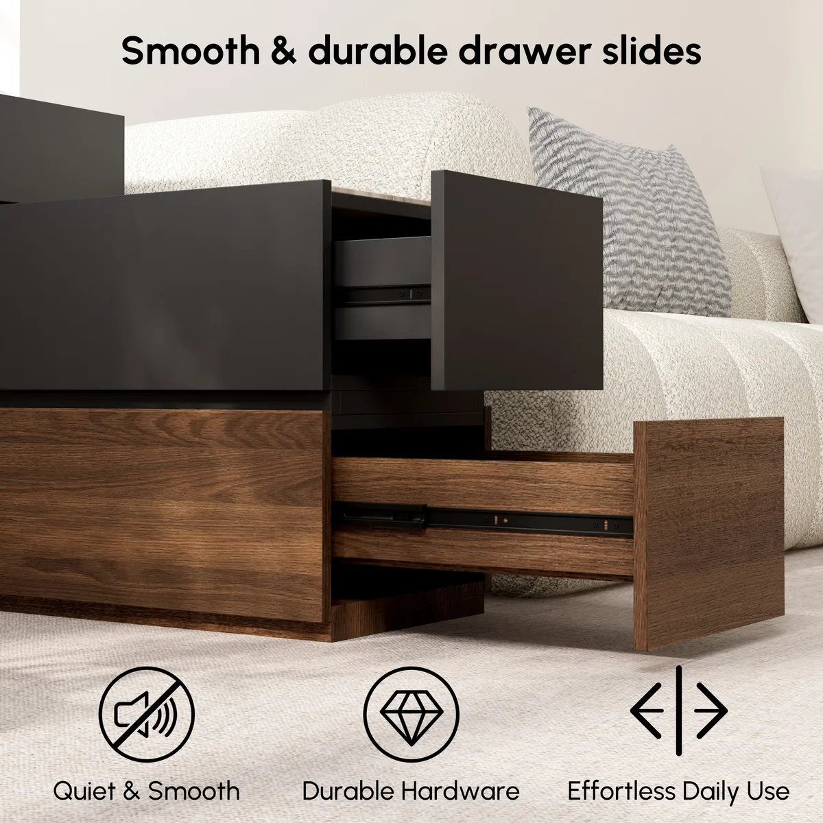 Travertine Stone Top Narrow Smart Side Table with Storage Modern Walnut End Table with USB Charging — image 6