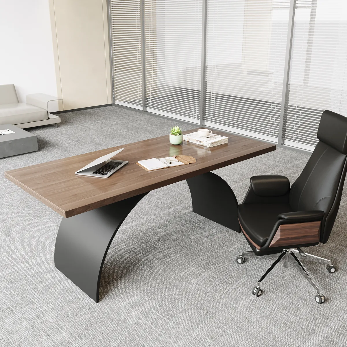 70.9" Industrial Black Rectangular Writing Desk & Office Desk Chair Set High Back — image 2
